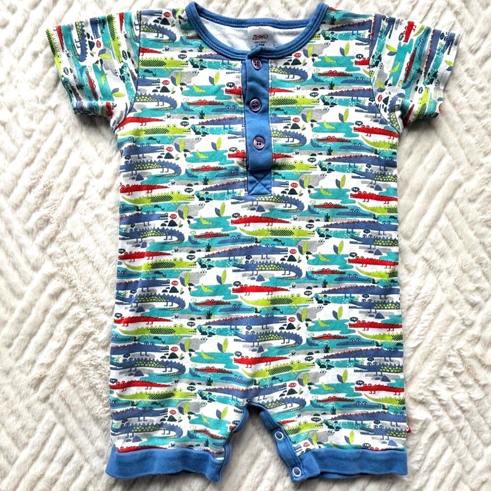 Zutano 18M Alligator Print Romper Blue Trim Snap Short Sleeve Outfit